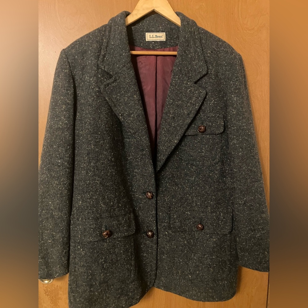 L.L. Bean Women's Green Tone Herringbone Wool Blazer Vintage 90's Size 18